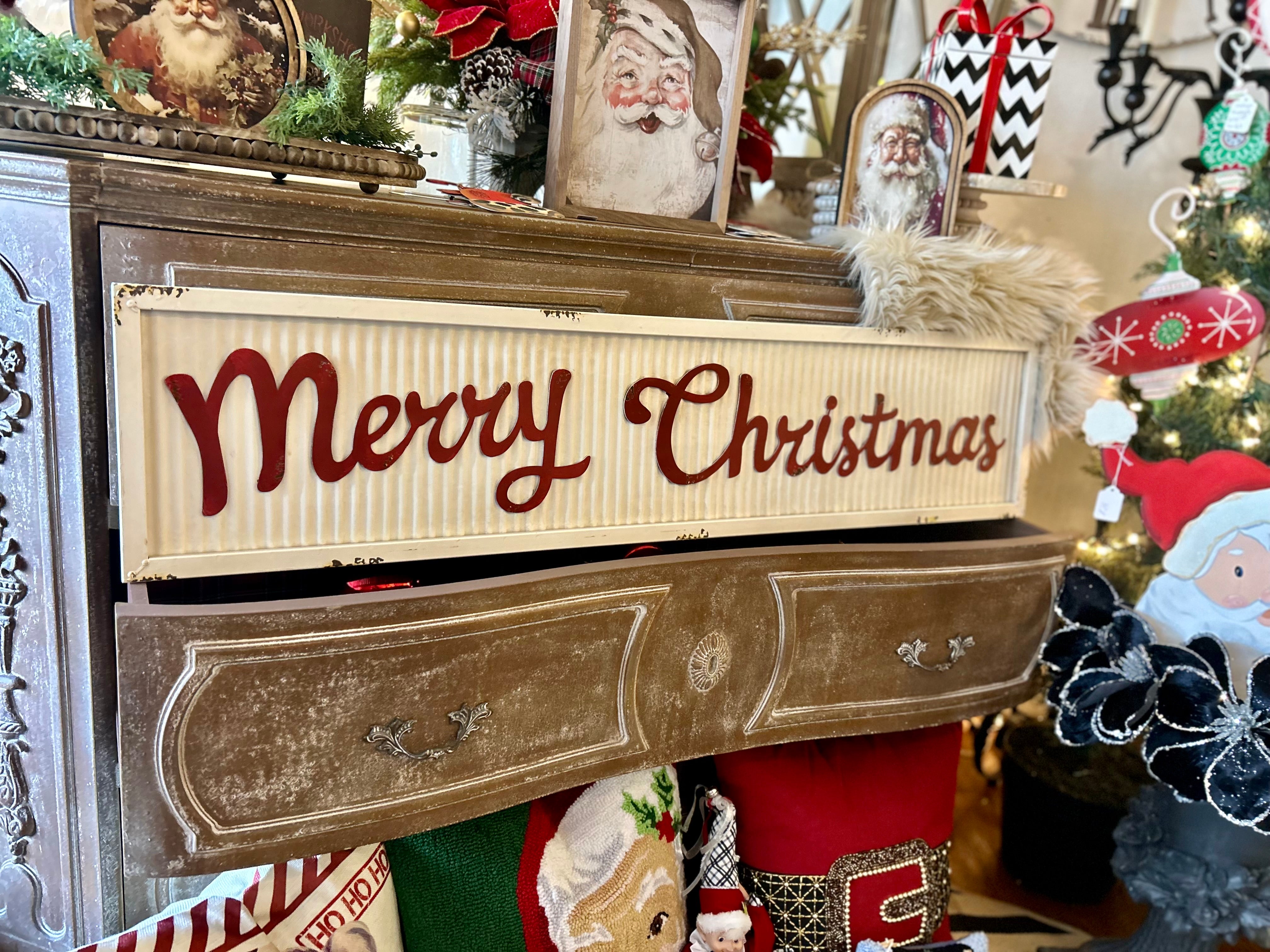 Merry Christmas White and Red Corrugated Metal Sign