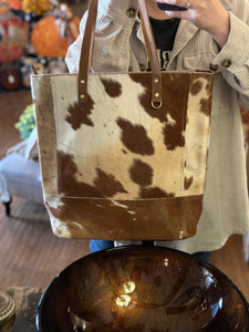 Cowhide and Leather Tote in Brown and White