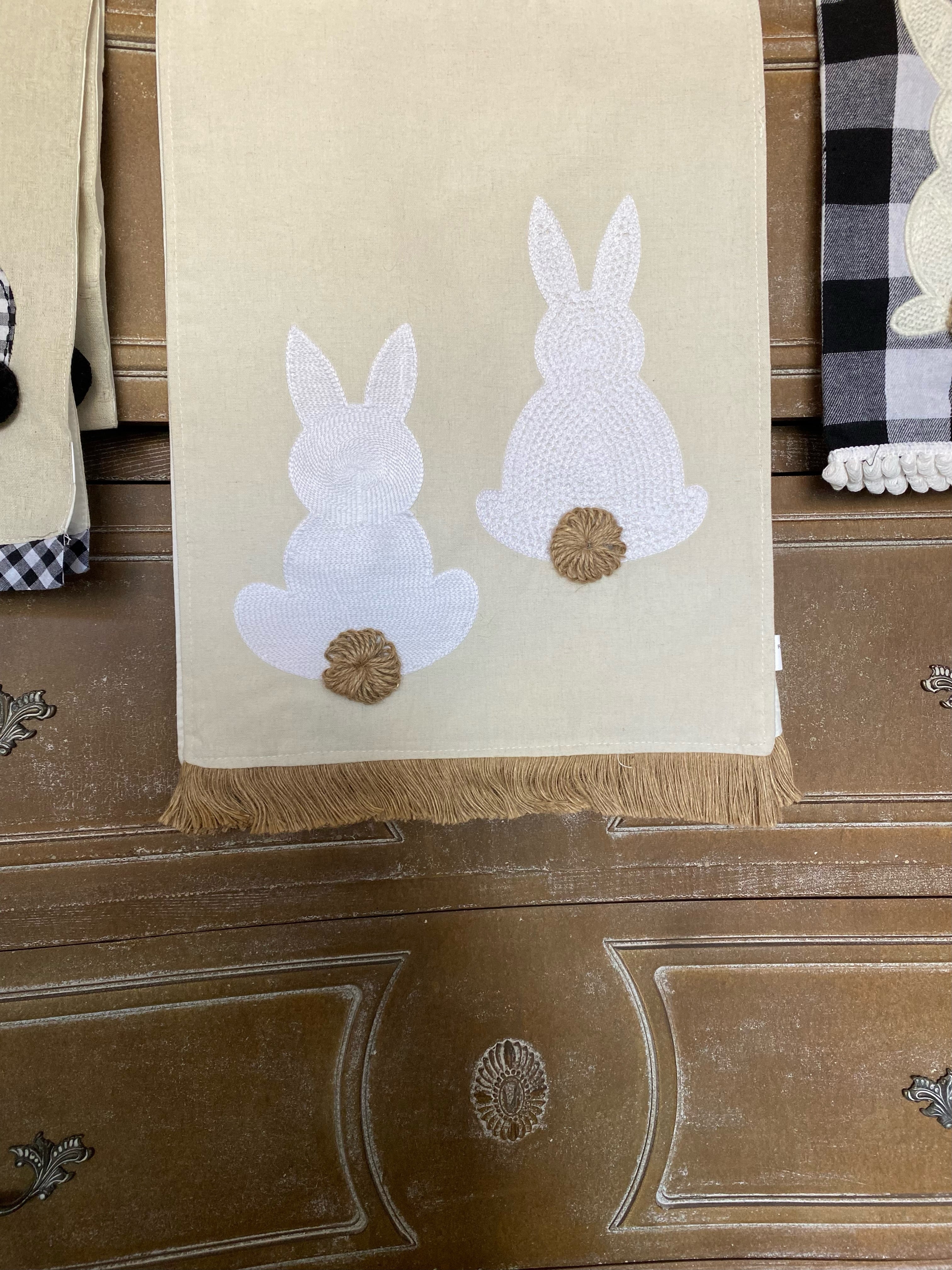 Linen Look Emroidered Fringed Bunny Table Runner