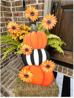 Load image into Gallery viewer, New! Pumpkin Topiary Stack Sunflower and Stripe Pattern Metal Stake with Easel
