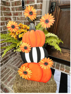 New! Pumpkin Topiary Stack Sunflower and Stripe Pattern Metal Stake with Easel