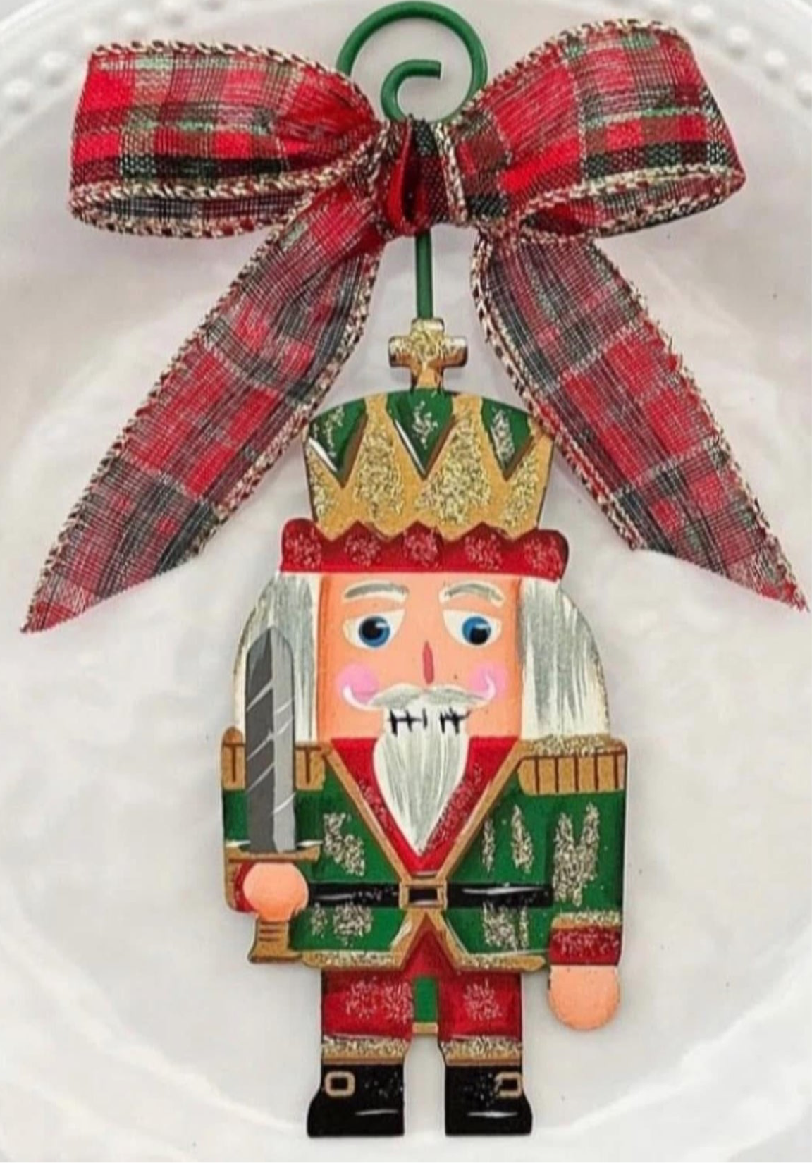 Nutcracker Soldier Christmas Metal Ornament in Red Green and Gold