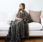 Load image into Gallery viewer, Couture Double Ruched Dark Gray Faux Fur Throw 60”x80”
