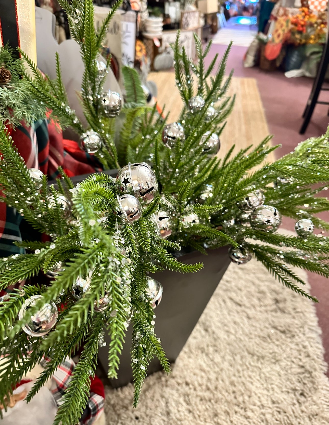 Pine Greenery Stem with Silver Bells and Sequins Pack of 3