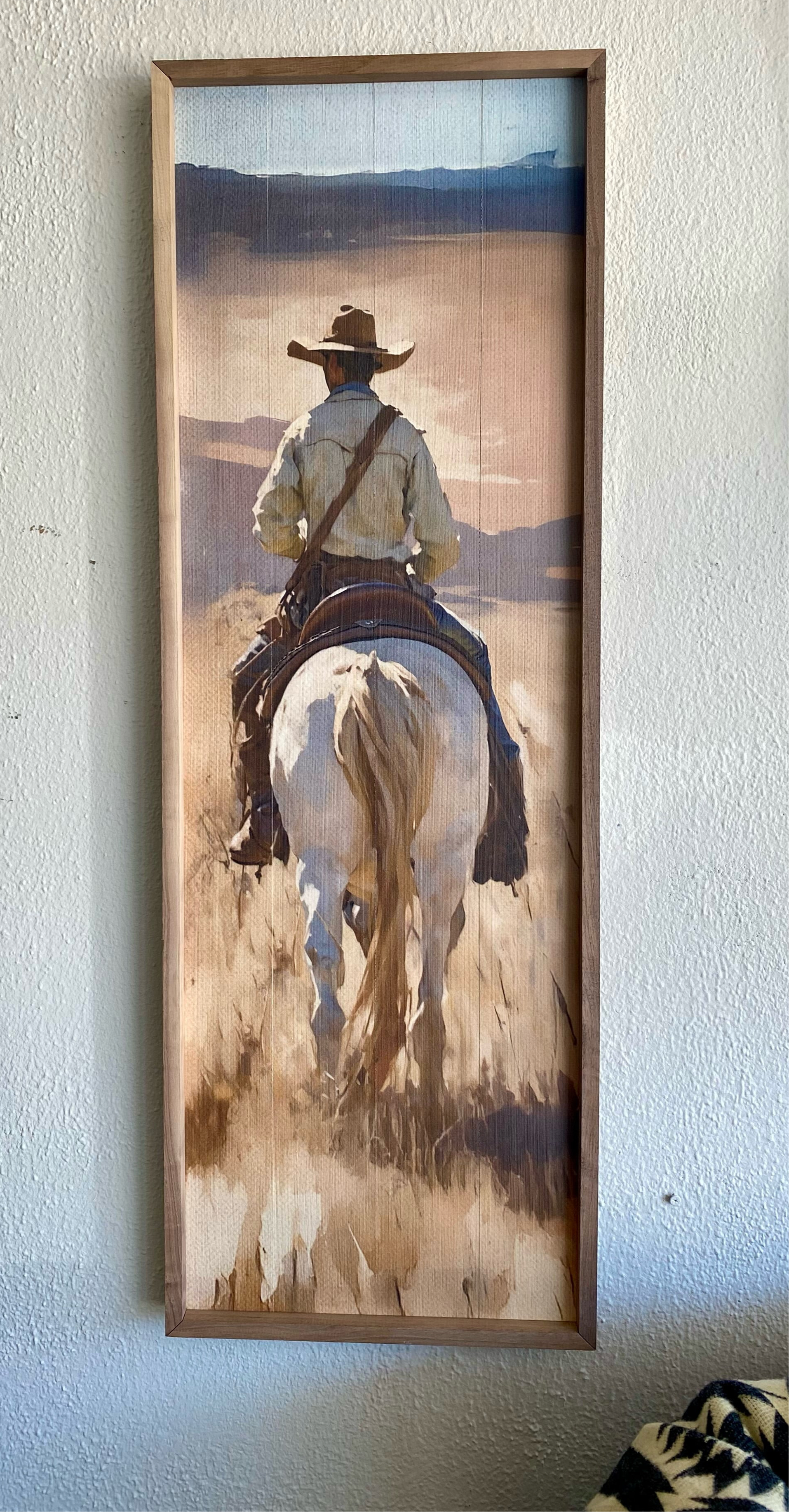 Cowboy Riding Western Art with Wood Frame