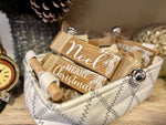 Load image into Gallery viewer, Set of 4 Signs w/ Burlap Bow and Silver Bell 6&quot;length Noel, Believe, Merry Christmas, Joy
