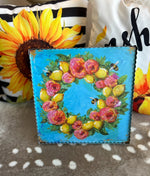 Load image into Gallery viewer, Turquoise Summer Bee &amp; Floral Pic with Metal Frame 12”x12”
