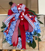 Load image into Gallery viewer, Americana: Hydrangea Wreath Red, White, Blue Metal Stake with Easel
