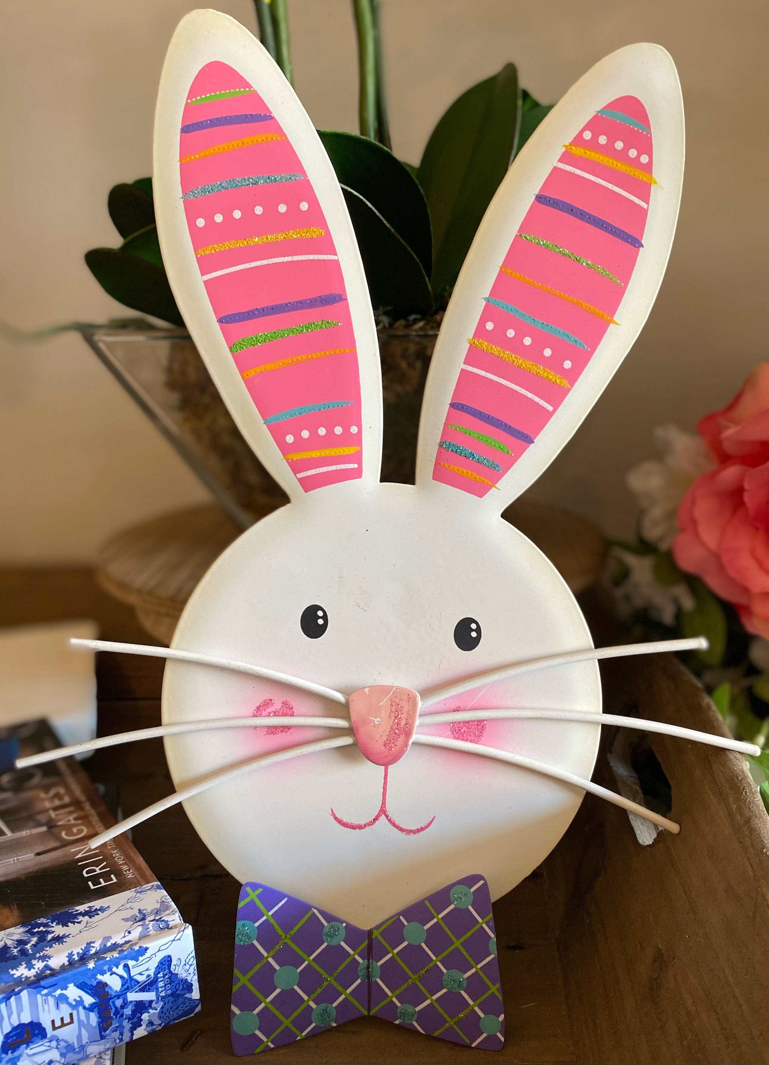 Turquoise Ears Bunny with Bow tie White Rabbit Metal Outdoor Stakes