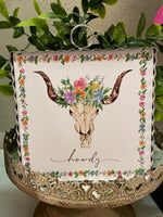 Load image into Gallery viewer, Howdy Skull and Flowers Galvanized Framed Mini Print with Floral Accents
