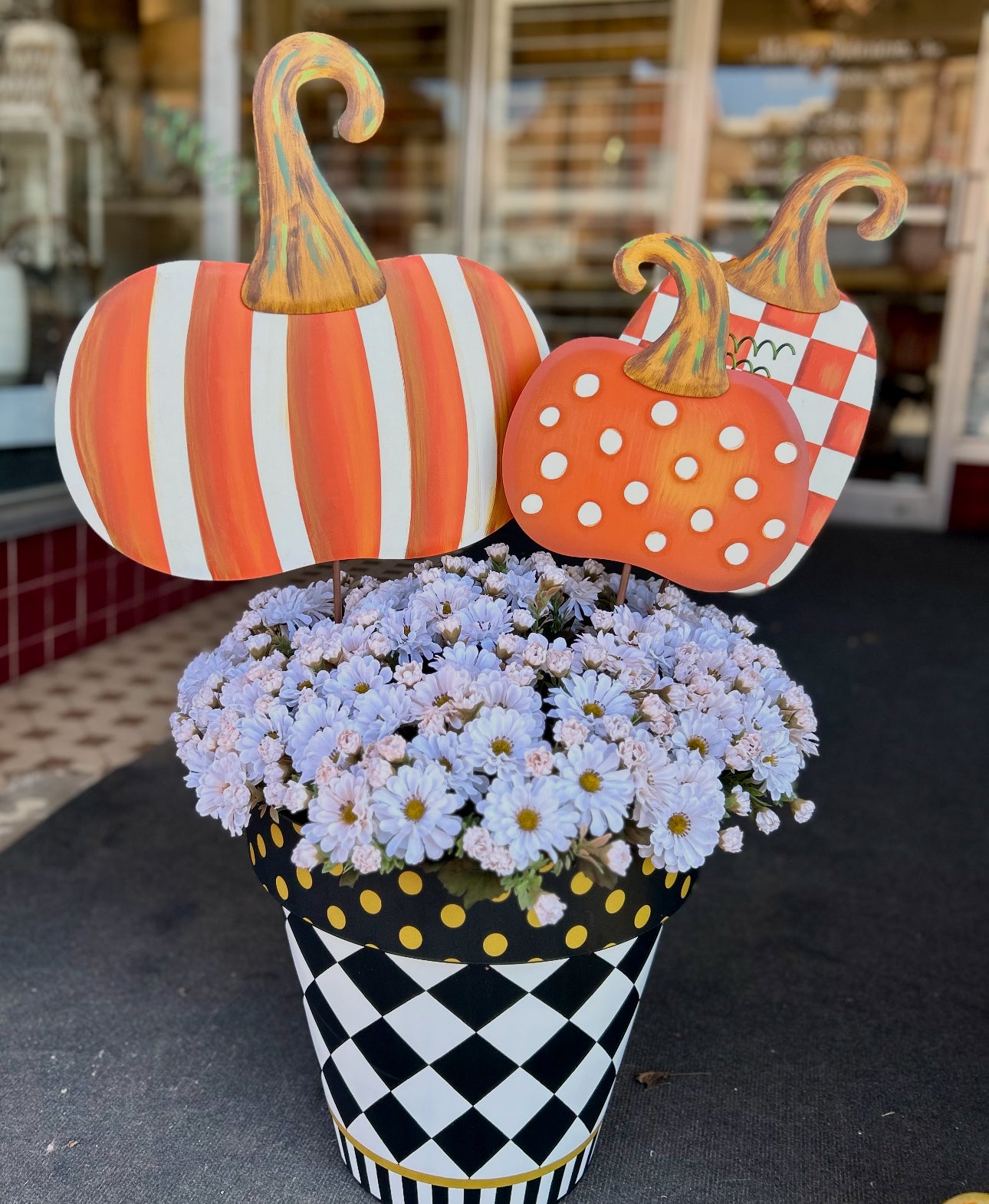 Black and White Harlequin Gold Polka Dot Design Outdoor Pots