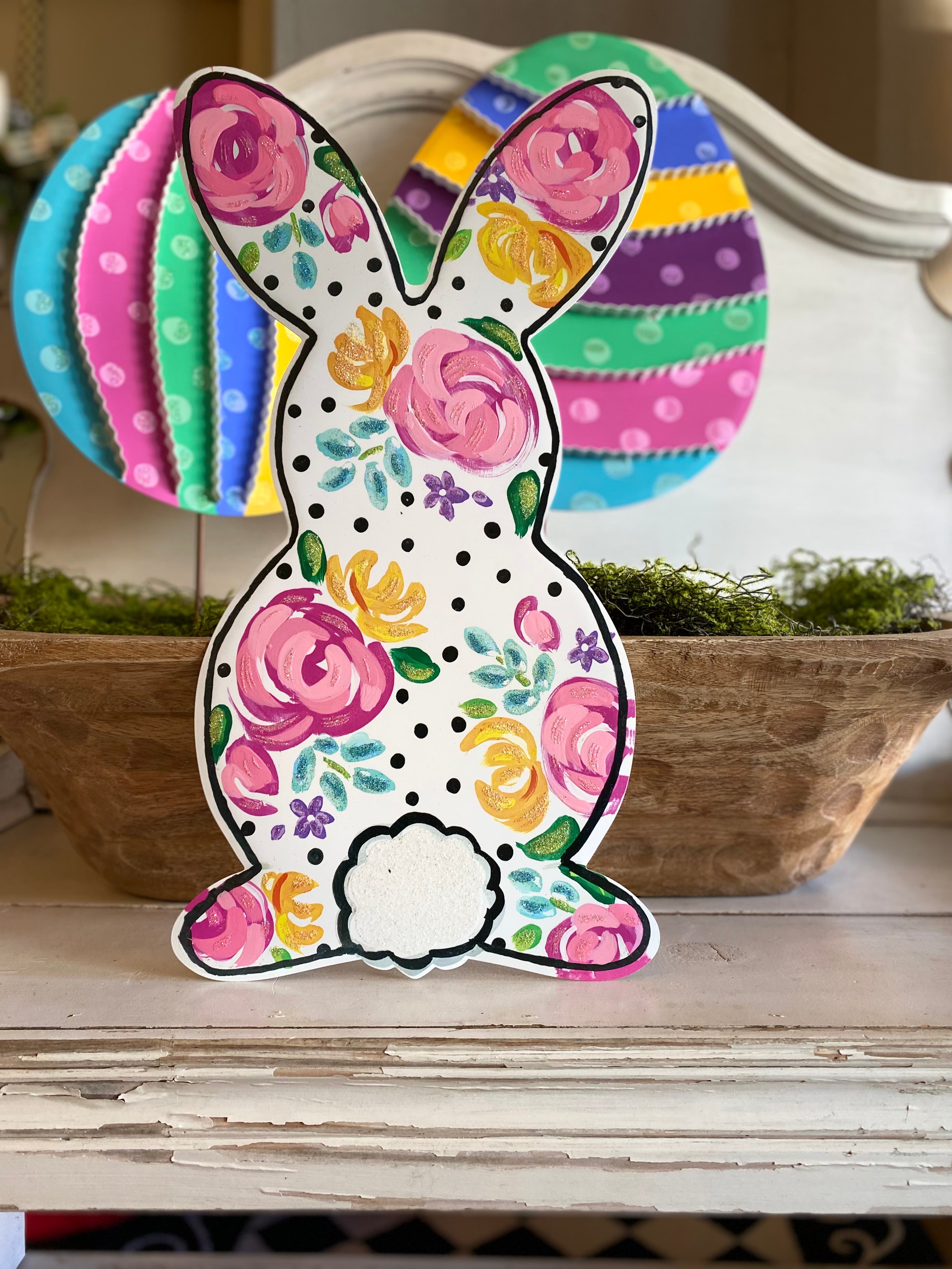 White Floral Rabbit Metal Door Hanger, Stake, and Attached Easel