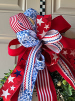 Load image into Gallery viewer, Americana: Red, White, and Blue Stars Bow Ric Rac and Floral
