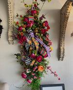 Load image into Gallery viewer, Butterfly Summer Peony Swag Harlequin Ribbon Bright Pink, Orange, Purple, Yellow Swag
