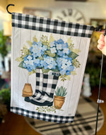 Load image into Gallery viewer, Spring Flag Rain Boot Black and White Check with Blue Flowers
