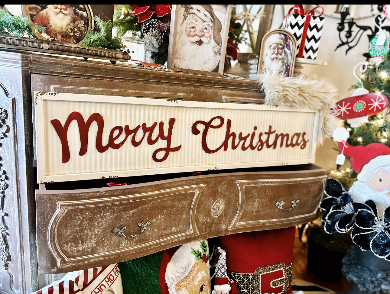 Merry Christmas White and Red Corrugated Metal Sign