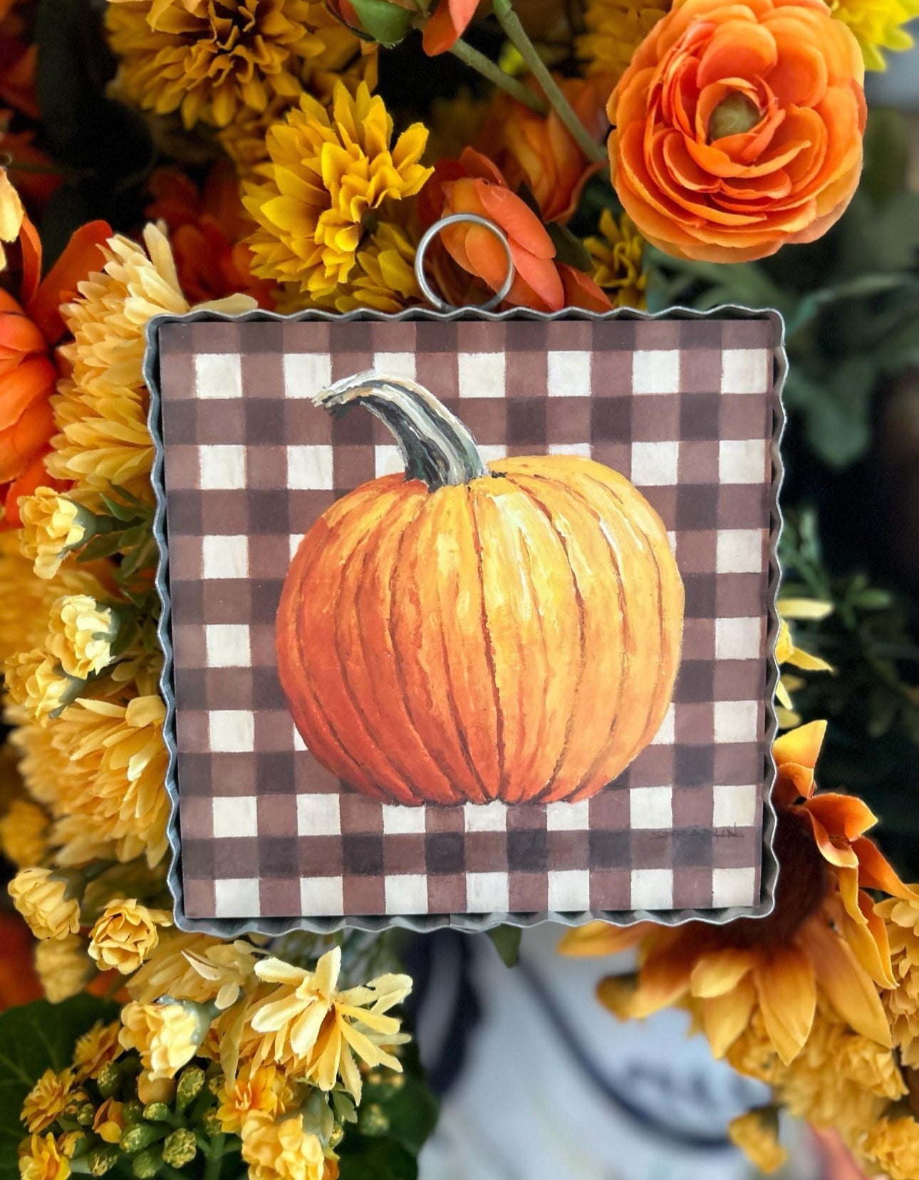 Check Background Pumpkin Mini Print with Galvanized Frame