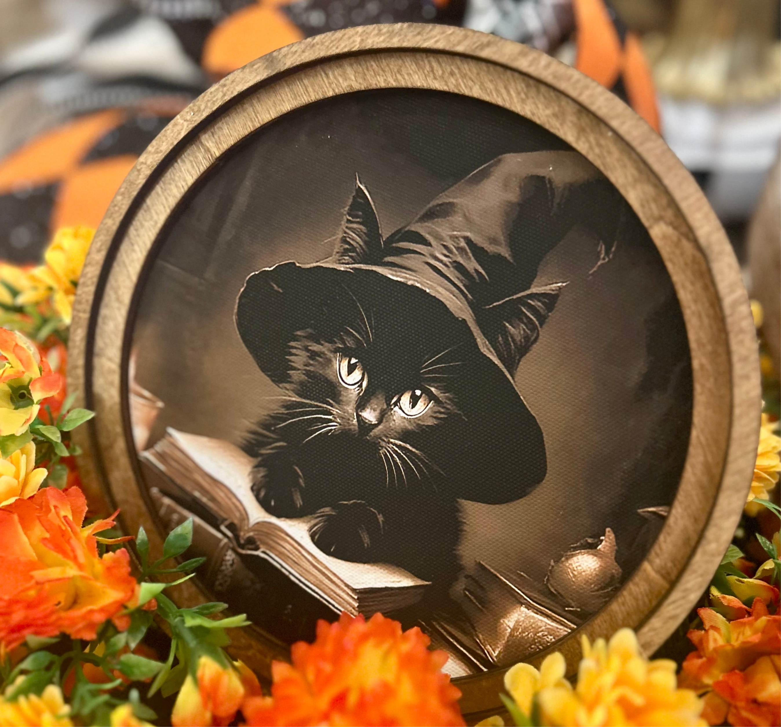 Black Cat with Witch Hat and Spell Book 8” Round Framed Picture
