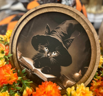 Load image into Gallery viewer, Black Cat with Witch Hat and Spell Book 8” Round Framed Picture

