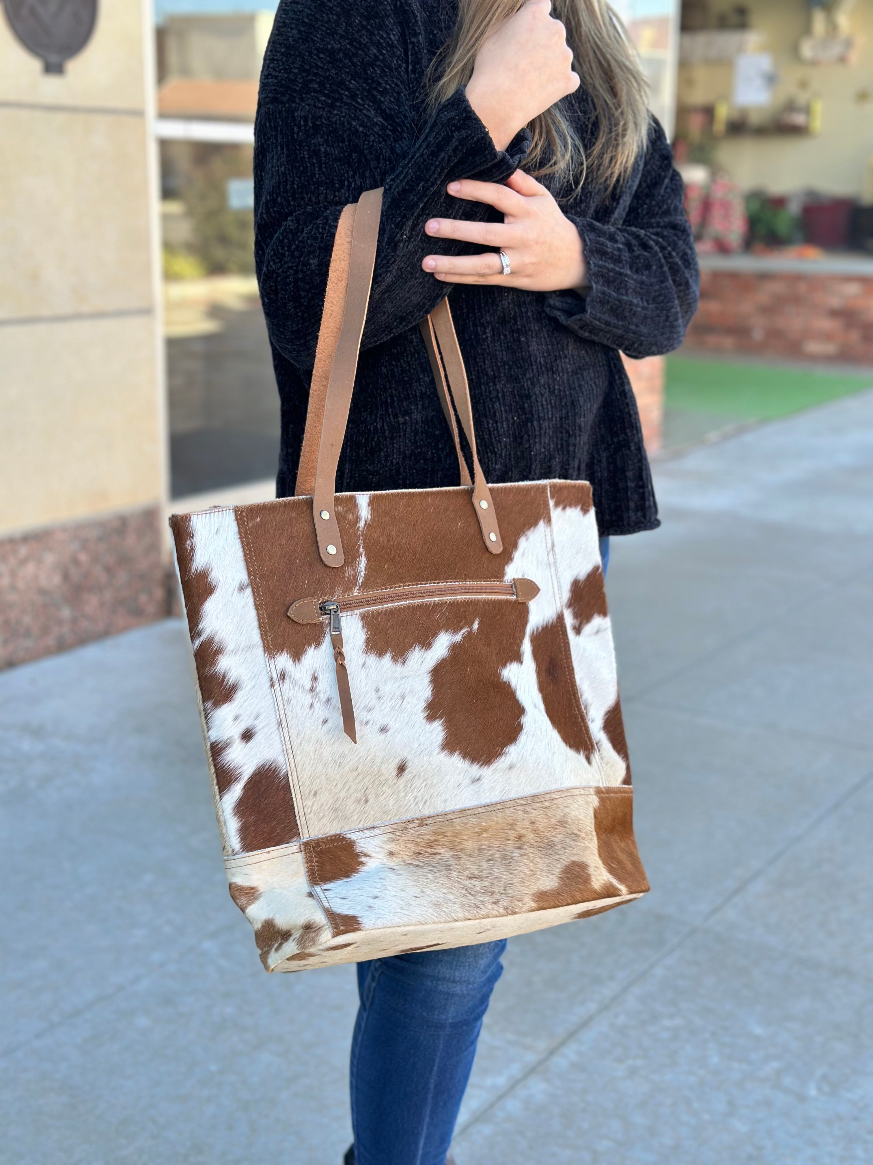 Cowhide and Leather Tote in Brown and White