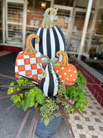 Load image into Gallery viewer, Set of 3 Pumpkins and 1 Tall Gourd Black &amp; White Stripe Metal Stake

