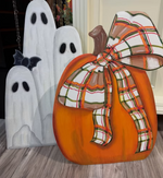 Load image into Gallery viewer, Plaid Orange and Brown Pumpkins Set of 2 Metal Stakes
