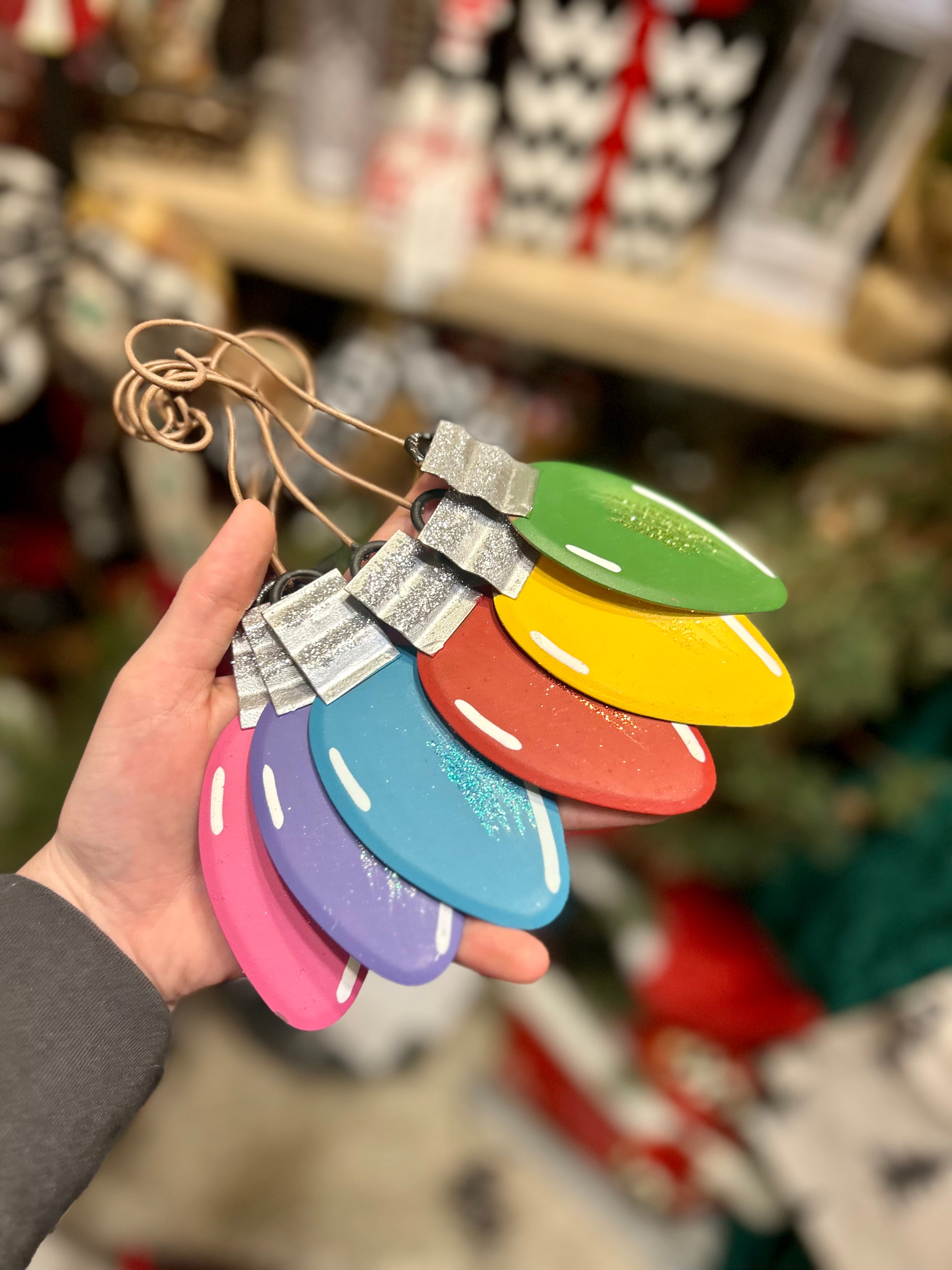 Set of 6 Vintage Bulbs Metal Ornaments with Attached Hooks