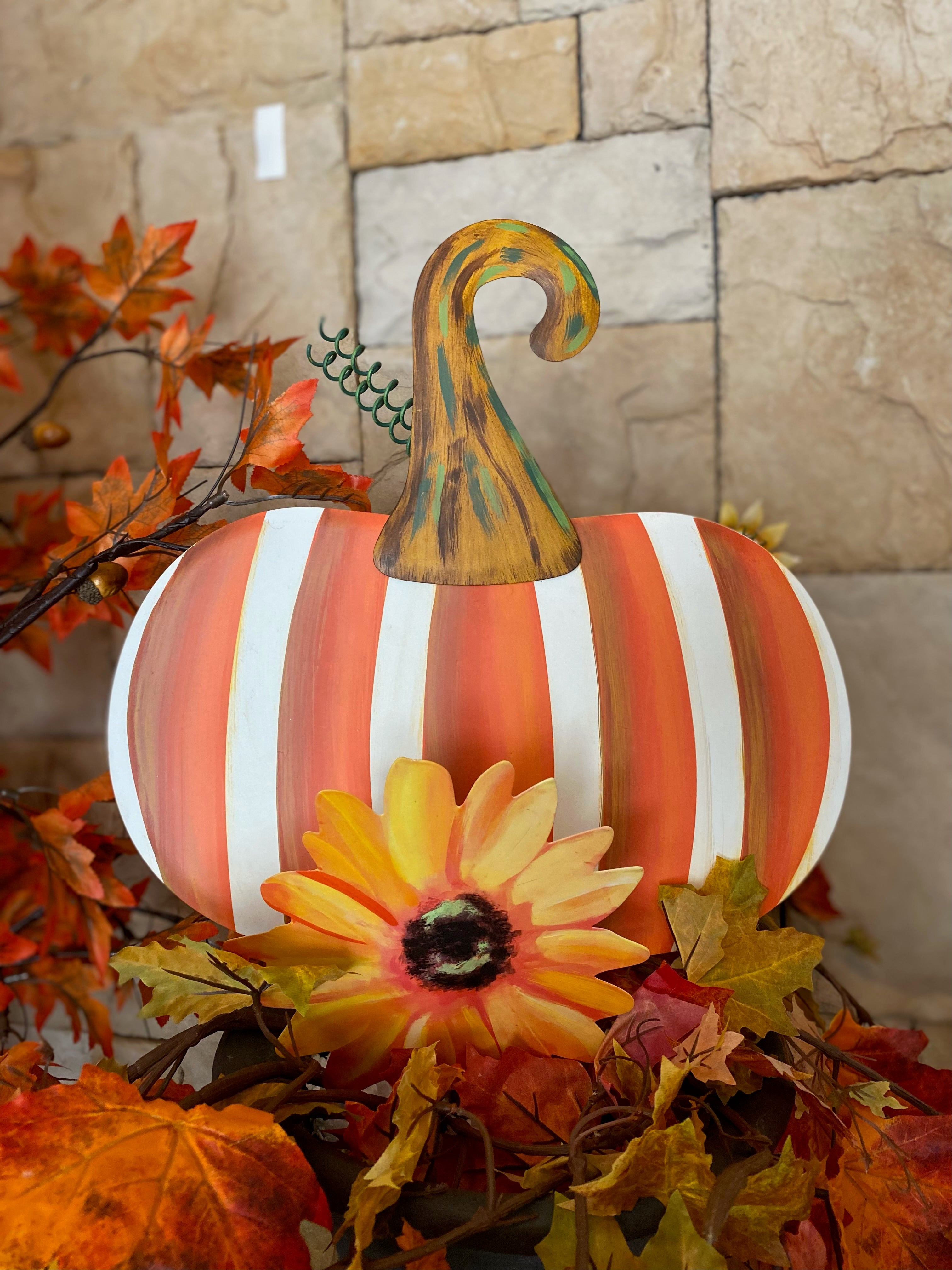 Orange & White Stripe Metal Pumpkin Yard Stake