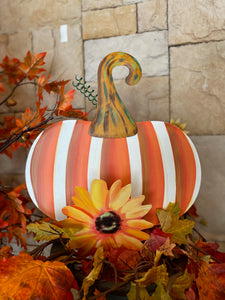 Orange & White Stripe Metal Pumpkin Yard Stake