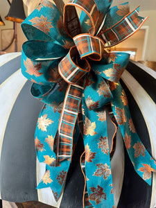 Fall Teal Copper Bow Leaves and Plaid Patterns