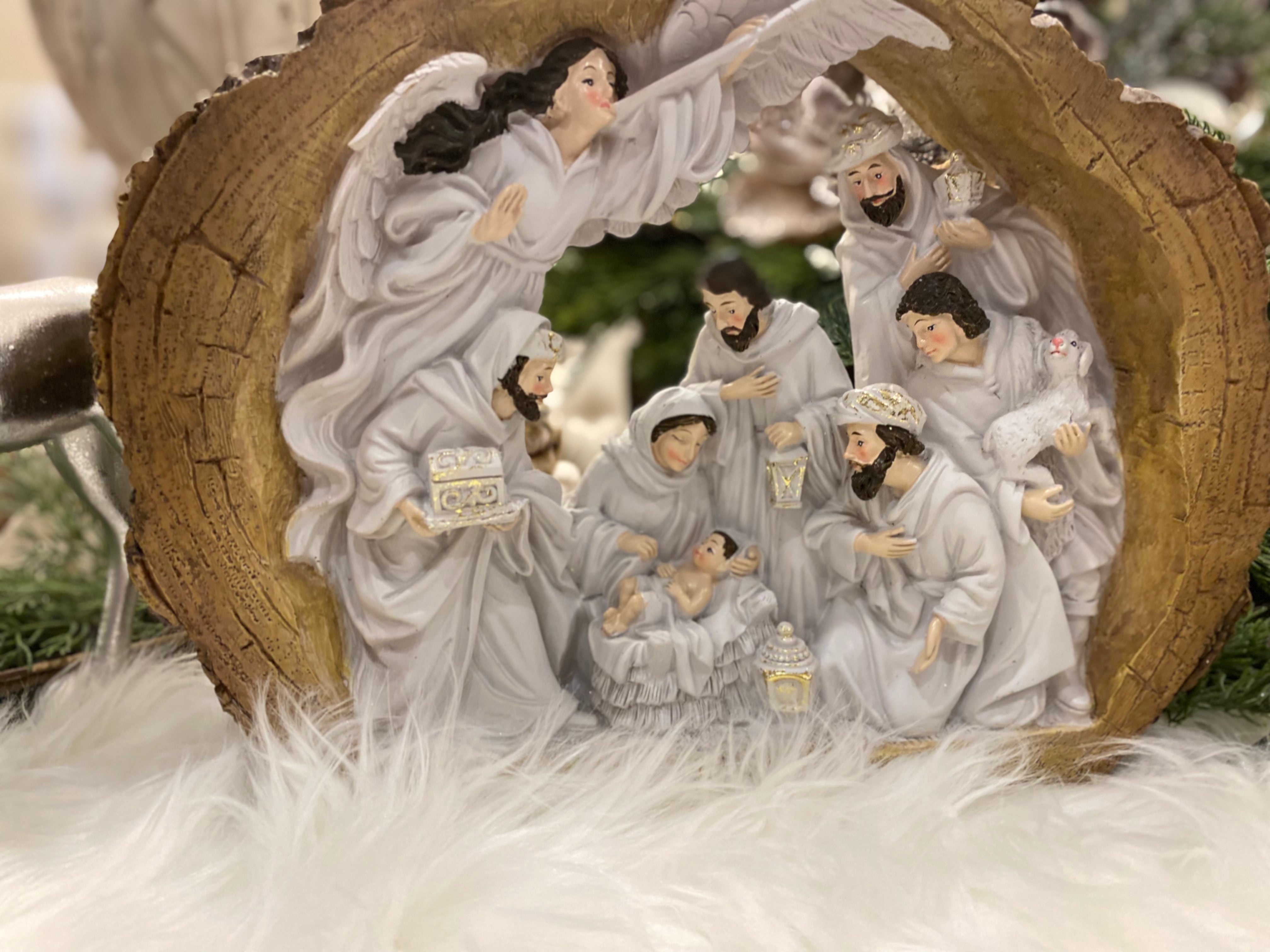 Gold and Wood Surrounding Nativity with White Angel