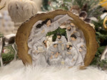 Load image into Gallery viewer, Gold and Wood Surrounding Nativity with White Angel
