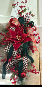 Checkered Black White, Emerald, and Red Poinsettia Swag with Bells