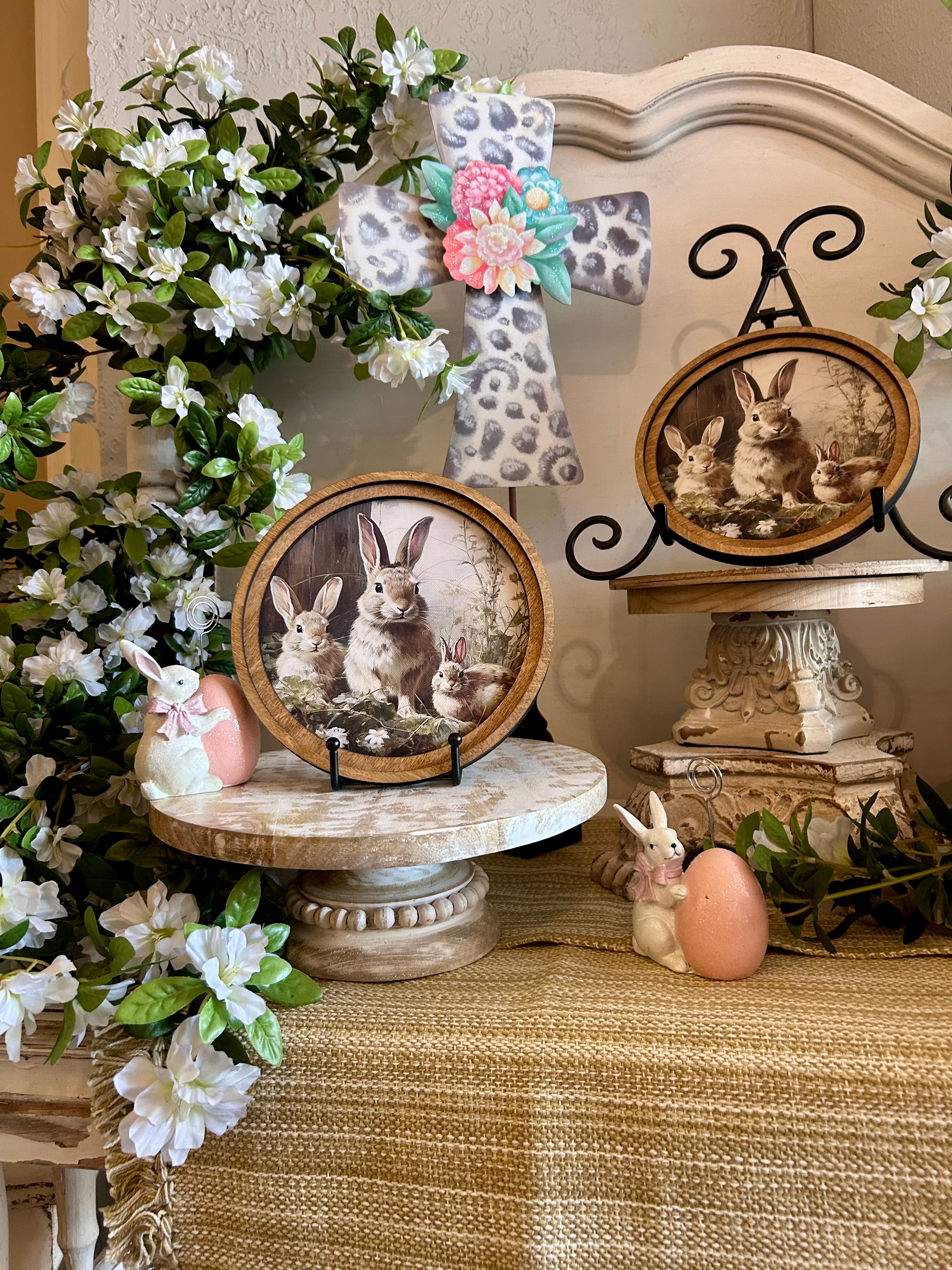 Round Wooden Framed Bunnies Art Picture Easter Spring