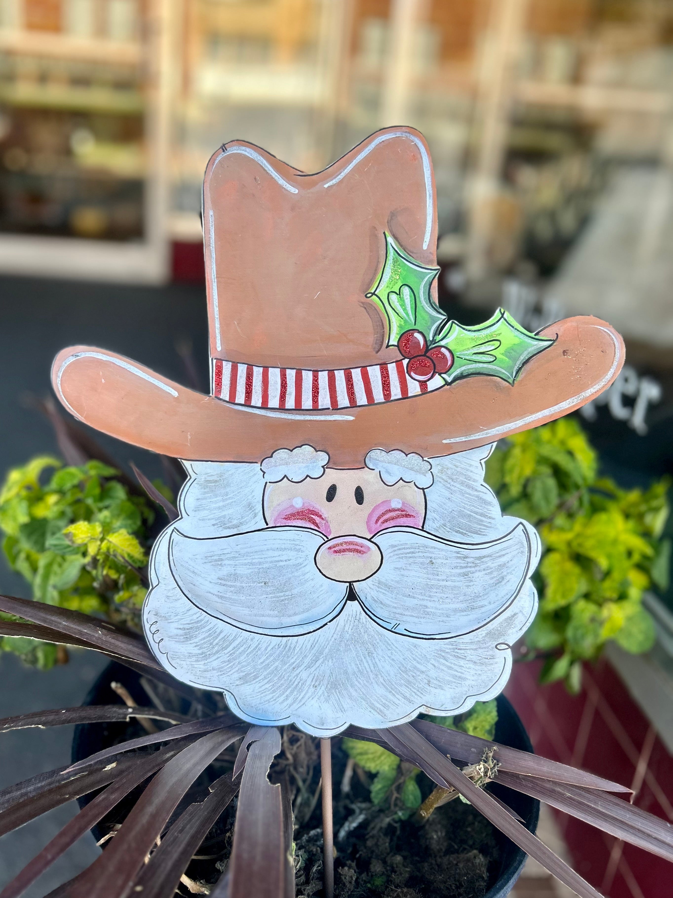 Cowboy Red & White Santa Metal Outdoor/Indoor Stake Christmas