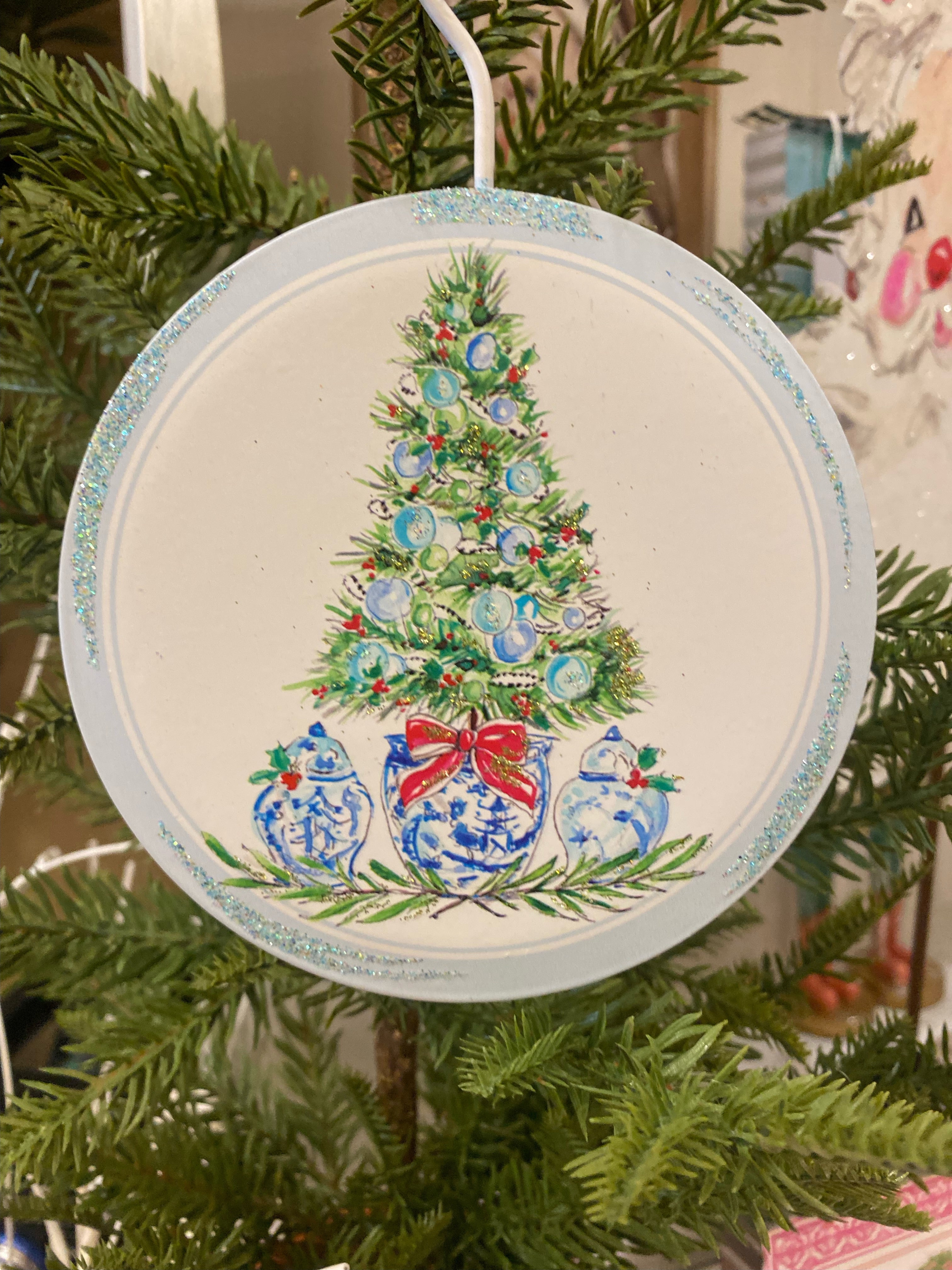 Blue & White Round Ornament with Christmas Tree