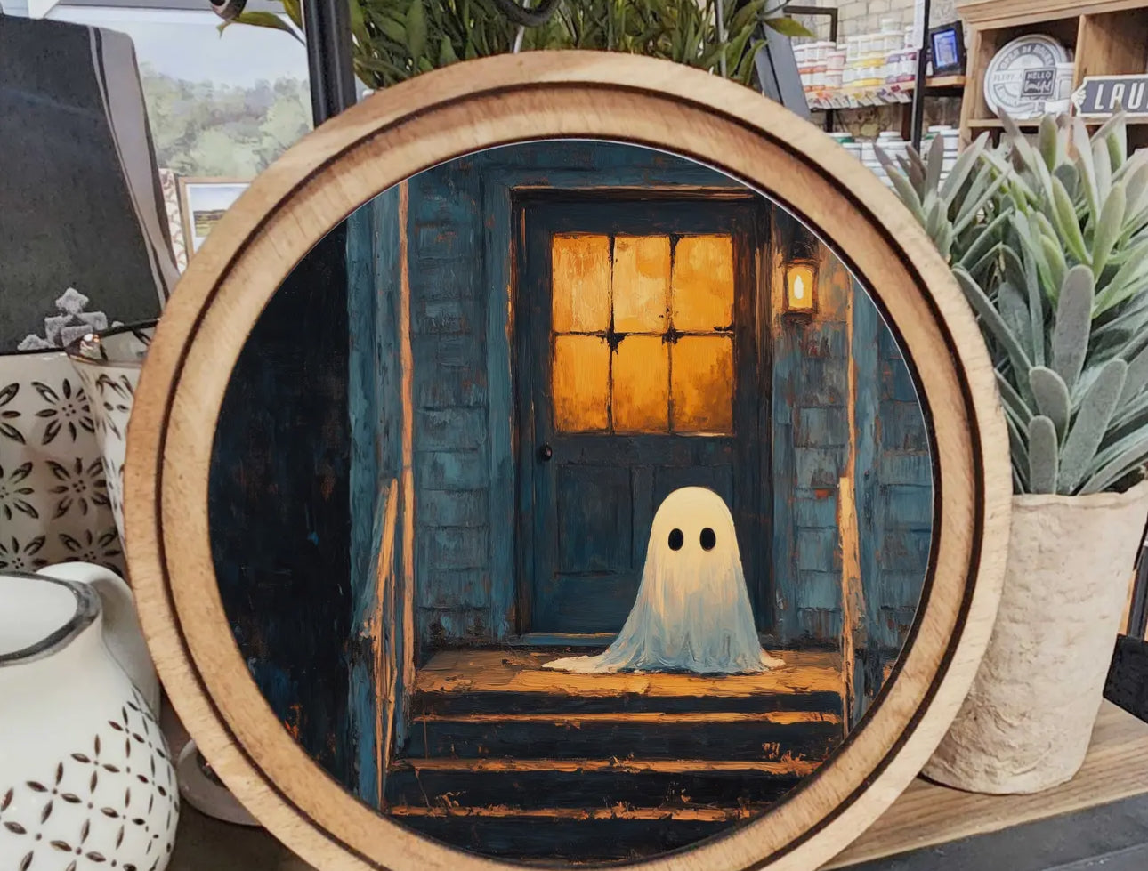 Halloween Spooky House with Ghost Wood Frame Picture 8” Dia
