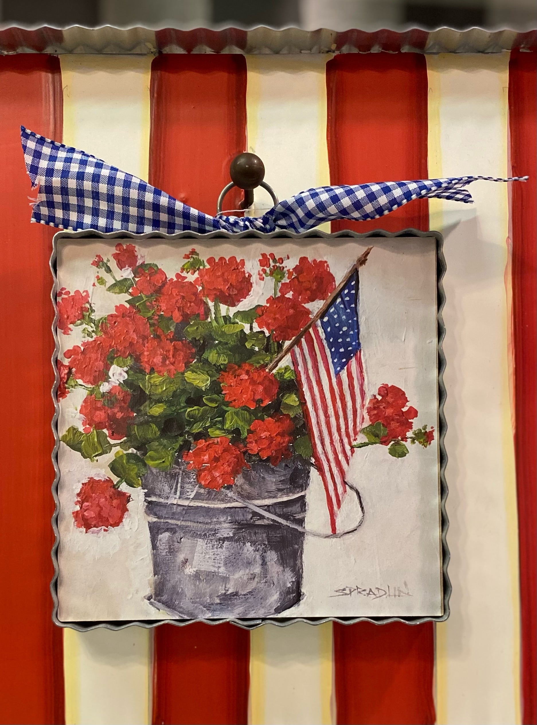 Americana: Bucket of Red Geraniums and American Flag Mini Print