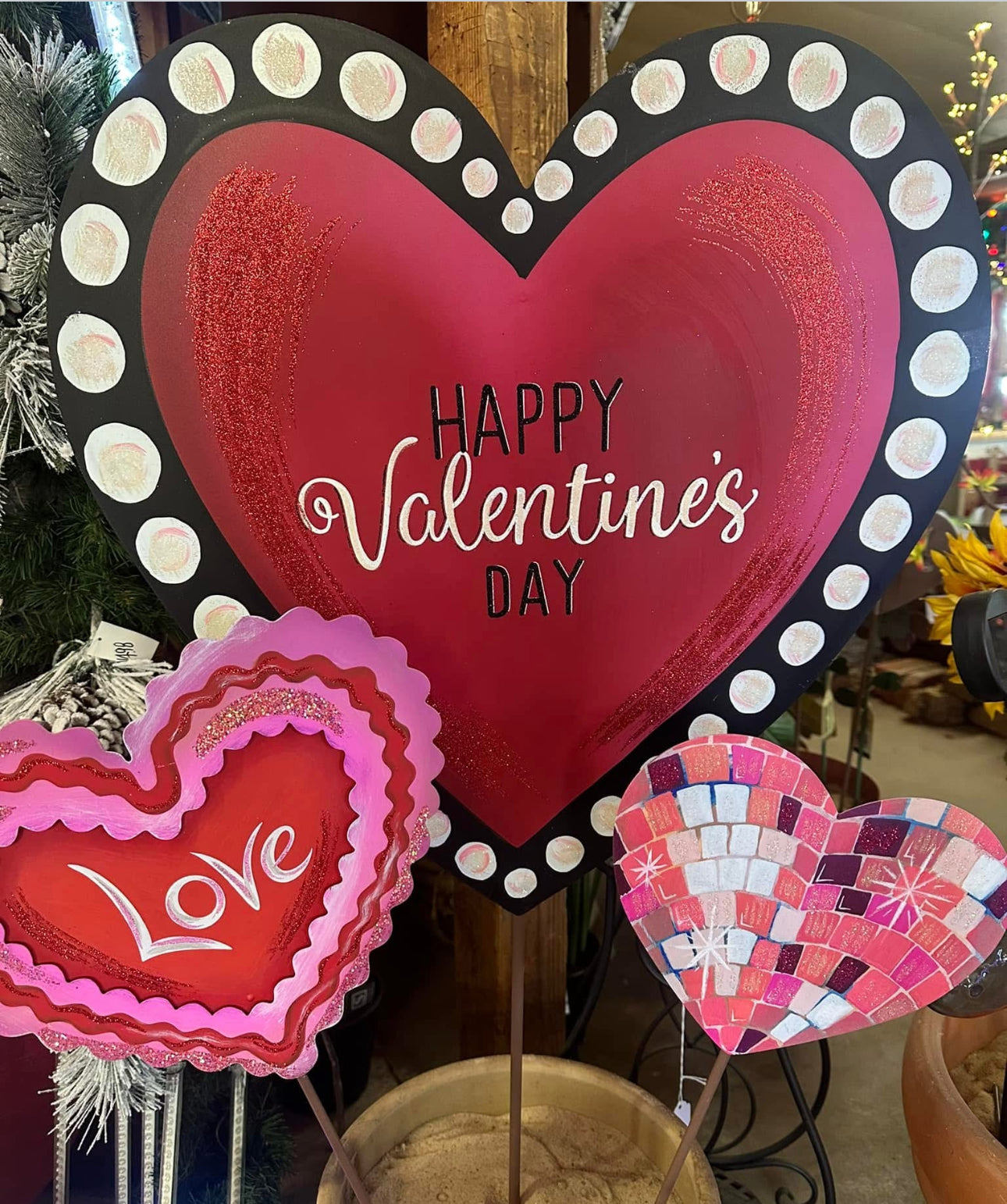 Valentines Day:  Polka Dot Heart Red, Black, and White Metal Stake