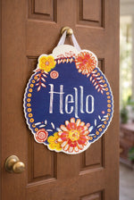 Load image into Gallery viewer, Hello Blue Background Door Hanger with Bordering Orange &amp; Yellow Flowers
