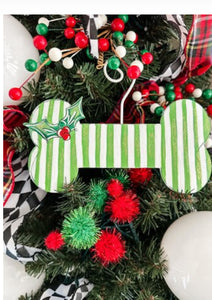 Dog Bone Stripe Metal Green & White Ornament