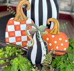 Load image into Gallery viewer, Set of 2 Pumpkins and 1 Tall Gourd Black &amp; White Stripe Metal Stake
