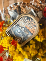 Load image into Gallery viewer, Fall Blue Farm Truck Hauling Harvest Pumpkins Wood Frame Picture Arch Top
