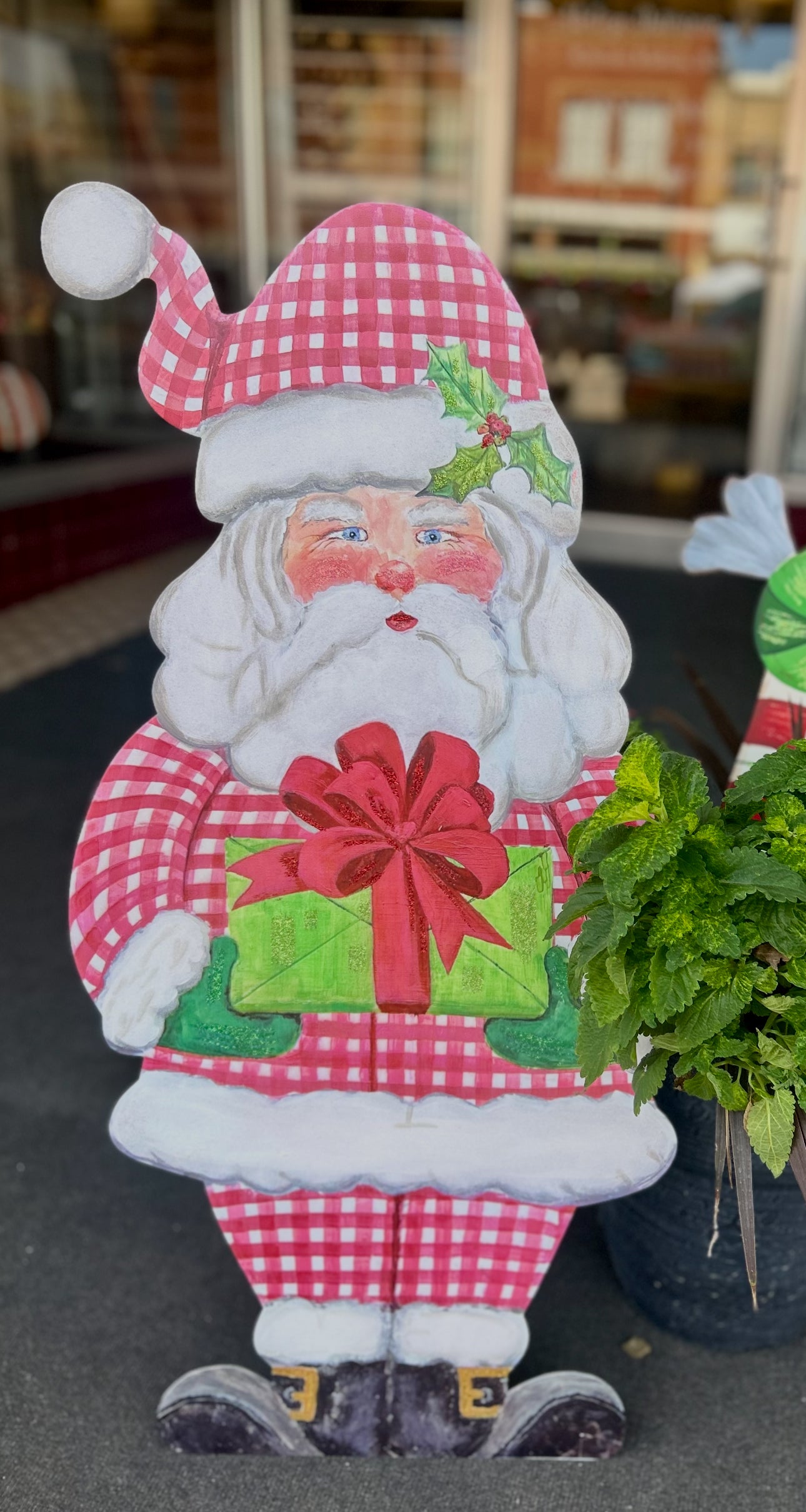 Large Santa Claus Red White Checkered Pattern with attached easel Outdoor Metal