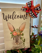 Load image into Gallery viewer, Embellished Floral Bunny Flag with Pink Flowers and Ivy Outdoor Flag Bow Included
