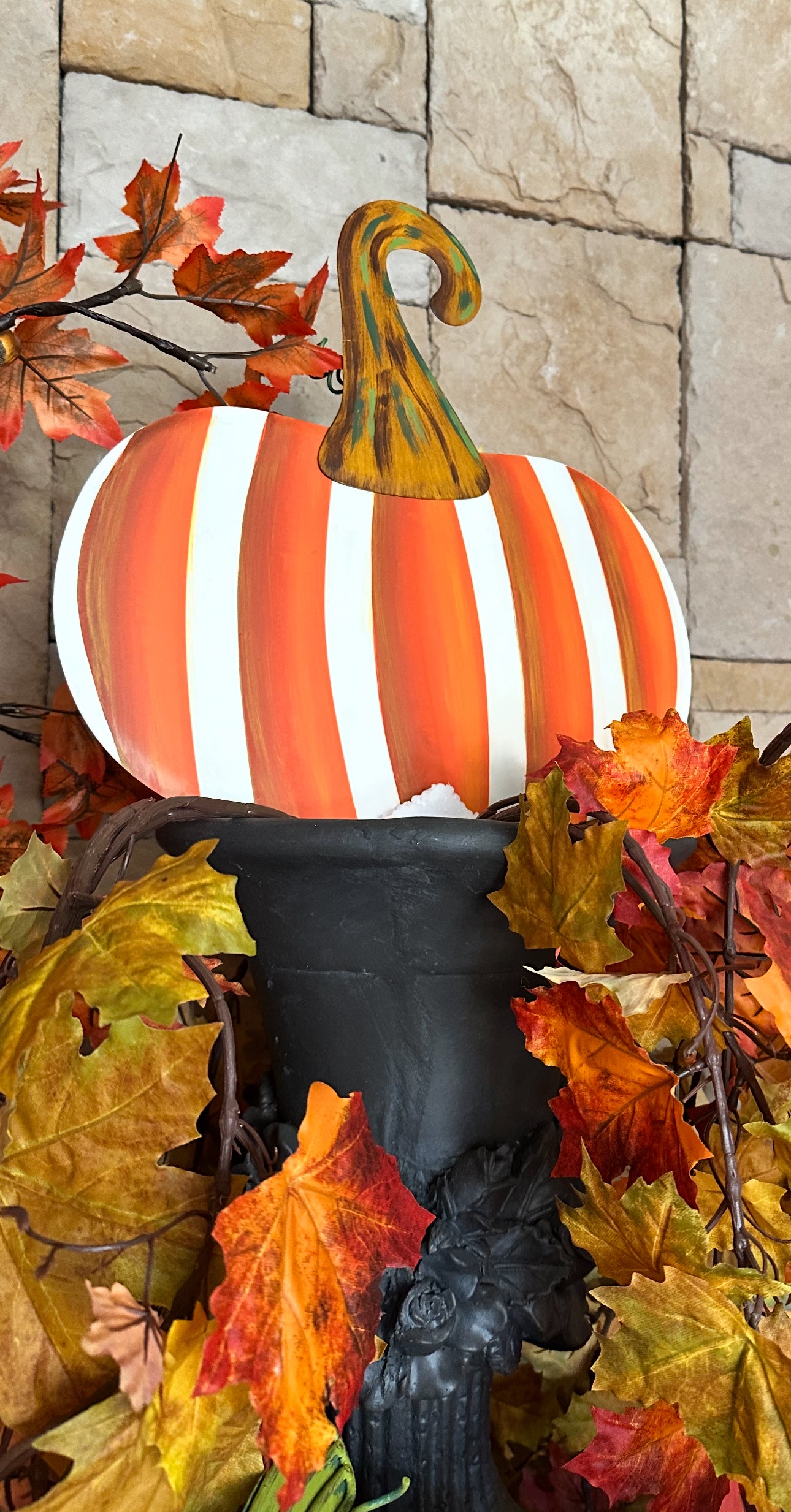 Orange & White Stripe Metal Pumpkin Yard Stake