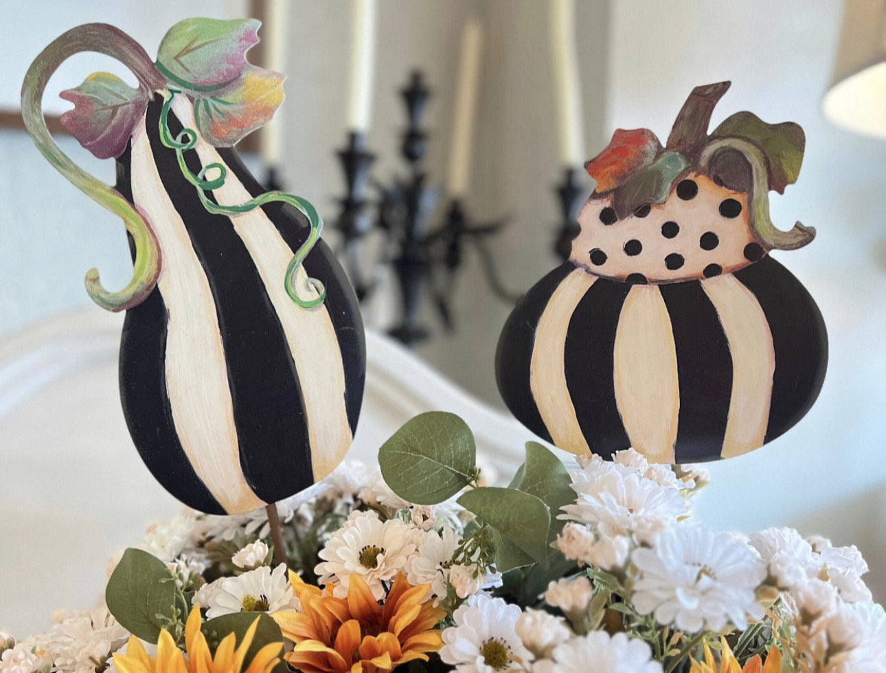 Set of 3 Pumpkins and 1 Tall Gourd Black & White Stripe Metal Stake