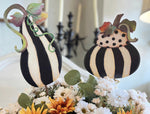 Load image into Gallery viewer, Set of 3 Pumpkins and 1 Tall Gourd Black &amp; White Stripe Metal Stake
