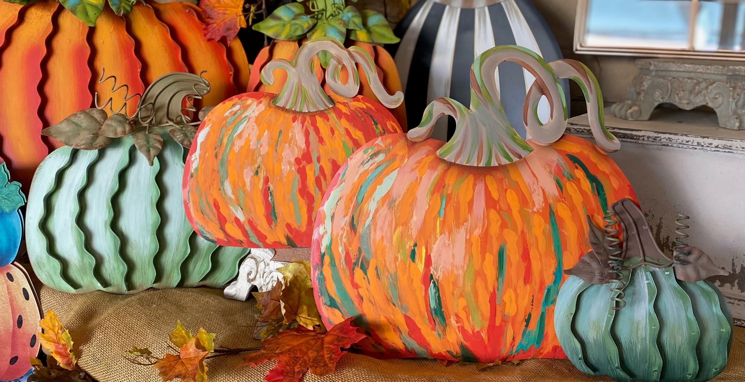Artful Orange and Green Pumpkins Set of 2 Metal Stakes