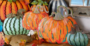 Artful Orange and Green Pumpkins Set of 2 Metal Stakes